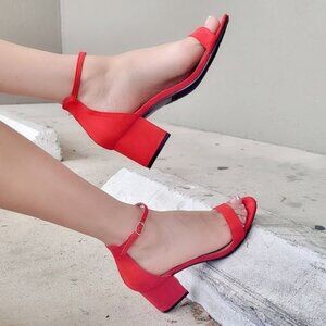 Women's Red Suede Ankle Strap Chunky Heel Sandals Side Buckle